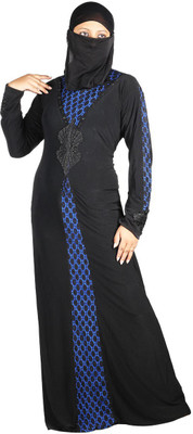 Hawai WB00180 Polyester Self Design Burqa With Hijab(Black, Blue)