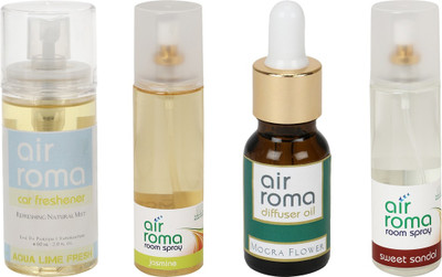 Airroma Aqua Lime Fresh, Jasmine, Mogra Flower, Sweet Sandal Aroma Oil, Spray(490 ml)
Airroma Aqua Lime Fresh, Jasmine, Mogra Flower, Sweet Sandal Aroma Oil, Spray(490 ml)