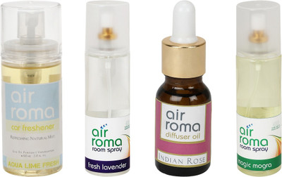Airroma Aqua Lime Fresh, Fresh Lavender, Indian Rose, Magic Mogra Aroma Oil, Spray(490 ml)
Airroma Aqua Lime Fresh, Fresh Lavender, Indian Rose, Magic Mogra Aroma Oil, Spray(490 ml)