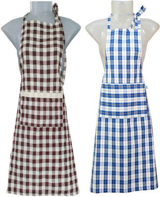 VKE Product Cotton Home Use Apron - Large(Brown, Blue, Pack of 2), Blue;brown