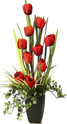 Kusal Orange Tulips Artificial Flower with Pot(18 inch, Pack of 1)
