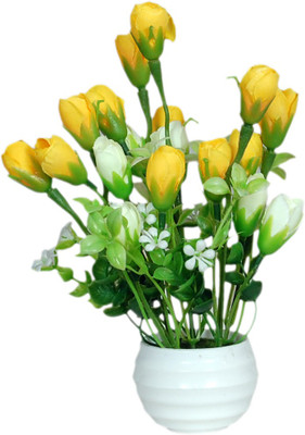 Loxia Yellow, White Rose Artificial Flower with Pot(2.3 inch, Pack of 1)