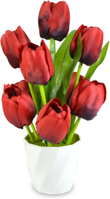 Magical Petals Red Tulips Artificial Flower with Pot(20 inch, Pack of 1)