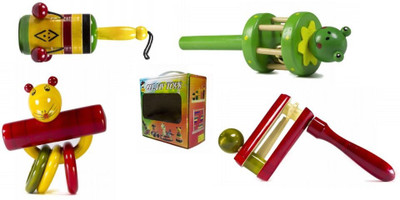 CeeJay Set of 4 Wooden Rattles ( Rattle Bell + Rattle Rabbit+Rattle Cage+Rattle Spin) Rattle(Multicolor)