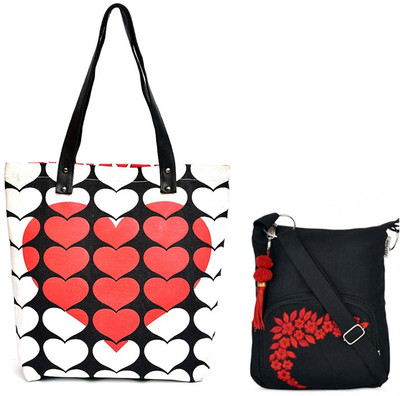 Pick Pocket Combo of 3D Red heart Canvas tote bag with Black Small Sling Bag School Bag(Black, 5 inch)