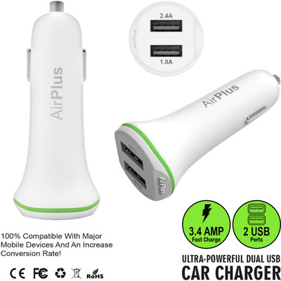 AirPlus Universal Car Charger Adapter Dual USB 2.4A+1.0 Amp (Total 3.4A) Mobile Charger(White)
AirPlus Universal Car Charger Adapter Dual USB 2.4A+1.0 Amp (Total 3.4A) Mobile Charger(White)