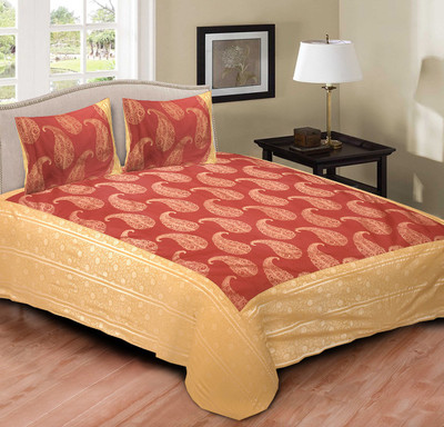Rustic India 200 TC Cotton Double King Paisley Bedsheet(Gold, Orange)