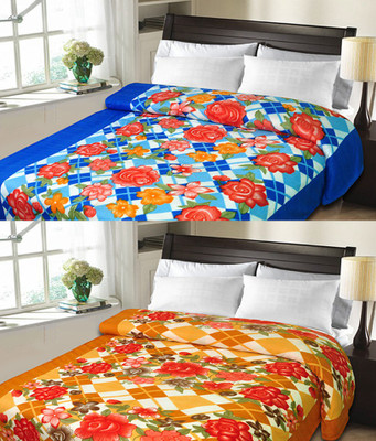 Sanvi Traders Checkered Double Blanket(Microfiber, Orange)