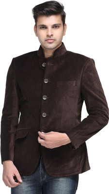 Platinum Studio Solid Mandarin Casual Men Blazer(Brown