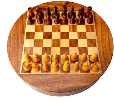 Seema Crafts 9" Round Wooden Magnetic Chess Board Game