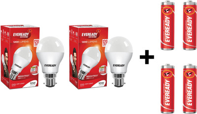 Eveready 10W LED Bulb Pack of 2 with Free 4 Batteries(White, Pack of 2)
