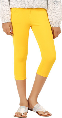 Lil Orchids Capri For Girls Solid Cotton(Yellow Pack of 1