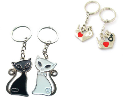 CTW Cute Cat & Love You Heart couple combo Pack Key Chain(Silver)