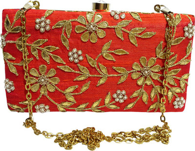 Arisha Kreation Co Party Orange, Gold Clutch, Gold;orange