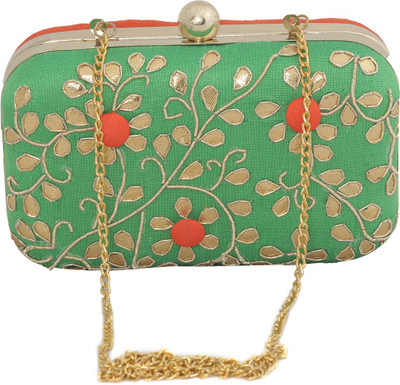 Advika Party Green, Orange Clutch