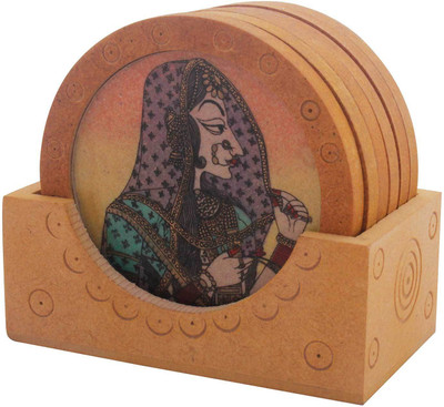 Halowishes Round Wood Coaster Set(Pack of 6), Multicolor