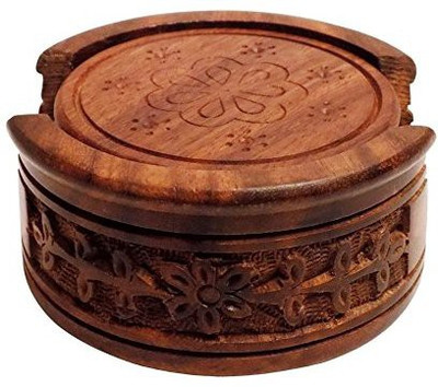 Shilpi Round Wood Coaster Set(Pack of 6), Brown