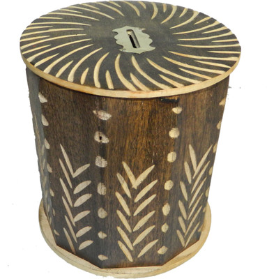 limra handicrafts wooden cutter round Coin Bank(Brown)