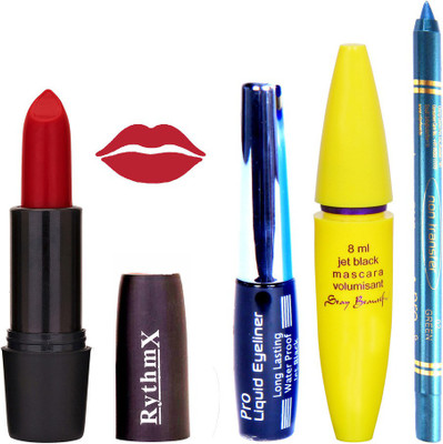 Rythmx Rose Red Lipstick Bold Look Eyeliner Non Pro Transfer Turqoise Blue Kajal Jet Black Volumisant Mascara Kit 30308(Set of 4)
Rythmx Rose Red Lipstick Bold Look Eyeliner Non Pro Transfer Turqoise Blue Kajal Jet Black Volumisant Mascara Kit 30308(Set of 4)