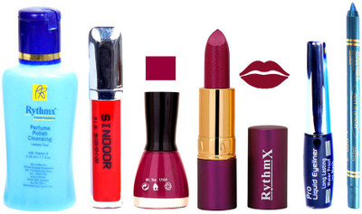 Rythmx Lipstick ,Remover, Sindoor, Nail Polish,EyeLiner,Turqoise Blue Kajal, Makeup kit Combo 12046(Set of 6)