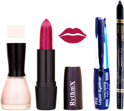 Rythmx White Nail Polish Shimmer Mazanta Lipstick With Eyeliner and Pro Non Transfer Black Kajal 68089(Set of 4)
Rythmx White Nail Polish Shimmer Mazanta Lipstick With Eyeliner and Pro Non Transfer Black Kajal 68089(Set of 4)