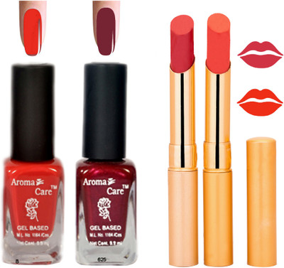 Aroma Care Black Cap Nail Polish RHYTHM Orange Lipstick Combo 108(Set of 4)