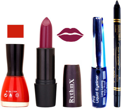 Rythmx Redish Orange Nail Polish Mazanta Lipstick With Eyeliner and Pro Non Transfer Black Kajal 68092(Set of 4)
Rythmx Redish Orange Nail Polish Mazanta Lipstick With Eyeliner and Pro Non Transfer Black Kajal 68092(Set of 4)
