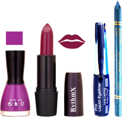 Rythmx Purple Nail PolishPinkish Purple Lipstick With Eyeliner and Pro Non Transfer Blue Kajal 580145(Set of 4)
Rythmx Purple Nail PolishPinkish Purple Lipstick With Eyeliner and Pro Non Transfer Blue Kajal 580145(Set of 4)