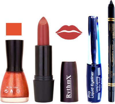 Rythmx glitter Orange Nail Polish Pinkish Peach Lipstick With Eyeliner and Pro Non Transfer Black Kajal 68112(Set of 4)
Rythmx glitter Orange Nail Polish Pinkish Peach Lipstick With Eyeliner and Pro Non Transfer Black Kajal 68112(Set of 4)