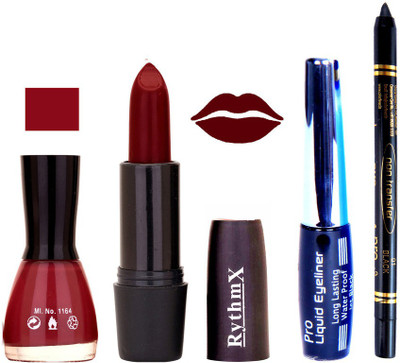 Rythmx Maroon Nail Polish Maroon Lipstick With Eyeliner and Pro Non Transfer Black Kajal 68095(Set of 4)
Rythmx Maroon Nail Polish Maroon Lipstick With Eyeliner and Pro Non Transfer Black Kajal 68095(Set of 4)