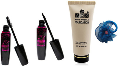 ADS Waterproof Eyeliner / Mascara / White Invisible Foundation / Band(Set of 4)