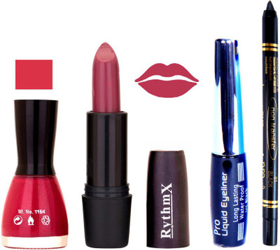 Rythmx Shimmer Pink Nail Polish Pinkish Purple Lipstick With Eyeliner and Pro Non Transfer Black Kajal 68106(Set of 4)
Rythmx Shimmer Pink Nail Polish Pinkish Purple Lipstick With Eyeliner and Pro Non Transfer Black Kajal 68106(Set of 4)