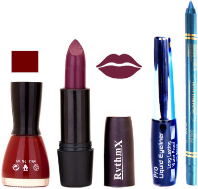 Rythmx Maroon Nail Polish Jamuni Lipstick With Eyeliner and Pro Non Transfer Blue Kajal 580122(Set of 4)
Rythmx Maroon Nail Polish Jamuni Lipstick With Eyeliner and Pro Non Transfer Blue Kajal 580122(Set of 4)