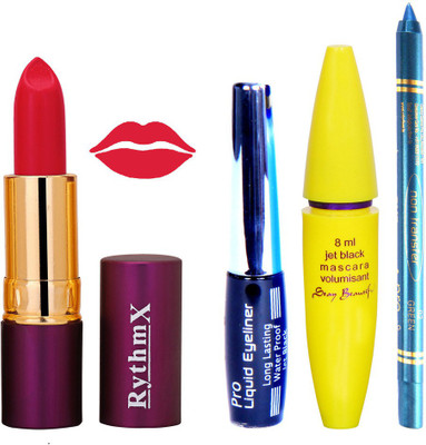 Rythmx Lipstick ,Black Eyeliner,Kajal, Jet Mascara Makeup Combo Pack(Set of 4)