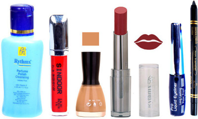 Rythmx Lipstick And Nail Polish + Eyliner + Sindoor + Remover + Kajal Makeup Combo Pack(Set of 6)