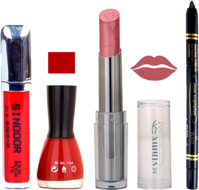 Rythmx Lipstick Sindoor,Nail Polish,Black Kajal Makeup Pack Combo 665(Set of 4)