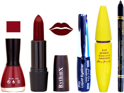 Rythmx Maroon Lipstick Maroon Nail Polish With Black EyeLiner Zed Black Kajal and Volumisant Express MasCara I(Set of 5)
Rythmx Maroon Lipstick Maroon Nail Polish With Black EyeLiner Zed Black Kajal and Volumisant Express MasCara I(Set of 5)