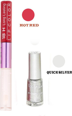 Color Fever Long Lasting 207201615 Red Lipstick+Silver Nail Polish(Set of 2)