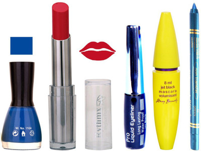 Rythmx Intense Matte Redish Shade Lipstick, Blue Nail Polish,Black Eyeliner,Mascara, And Turquoise Blue Kajal 590(Set of 5)
Rythmx Intense Matte Redish Shade Lipstick, Blue Nail Polish,Black Eyeliner,Mascara, And Turquoise Blue Kajal 590(Set of 5)