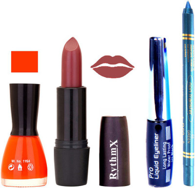 Rythmx Orange Nail Polish Redish Brown Lipstick With Eyeliner and Pro Non Transfer Blue Kajal 58099(Set of 4)
Rythmx Orange Nail Polish Redish Brown Lipstick With Eyeliner and Pro Non Transfer Blue Kajal 58099(Set of 4)