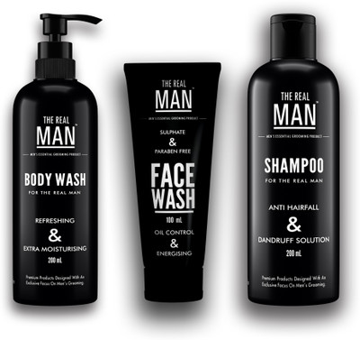 The Real Man Skin Moisturising Body Wash (200ml), Oil Control and Energising Face Wash (100ml) & Anti Hair Fall and Dandruff Solution Shampoo (200ml)(Set of 3)
The Real Man Skin Moisturising Body Wash (200ml), Oil Control and Energising Face Wash (100ml) & Anti Hair Fall and Dandruff Solution Shampoo (200ml)(Set of 3)