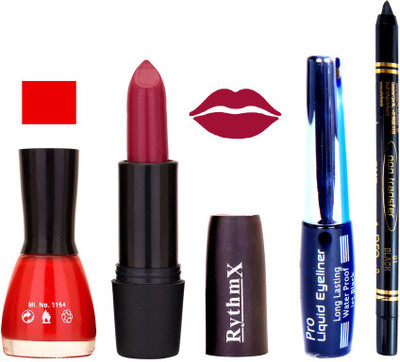 Rythmx Chilly Red Nail Polish Rose MauveLipstick With Eyeliner and Pro Non Transfer Black Kajal 68104(Set of 4)
Rythmx Chilly Red Nail Polish Rose MauveLipstick With Eyeliner and Pro Non Transfer Black Kajal 68104(Set of 4)