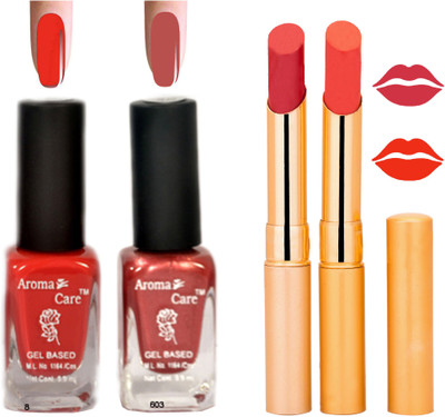 Aroma Care Black Cap Nail Polish RHYTHM Orange Lipstick Combo 104(Set of 4)