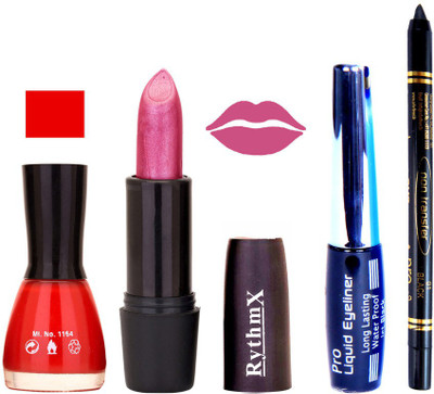 Rythmx Glowing Red Nail Polish Shimmer Pinkish Purple Lipstick With Eyeliner and Pro Non Transfer Black Kajal 68105(Set of 4)
Rythmx Glowing Red Nail Polish Shimmer Pinkish Purple Lipstick With Eyeliner and Pro Non Transfer Black Kajal 68105(Set of 4)