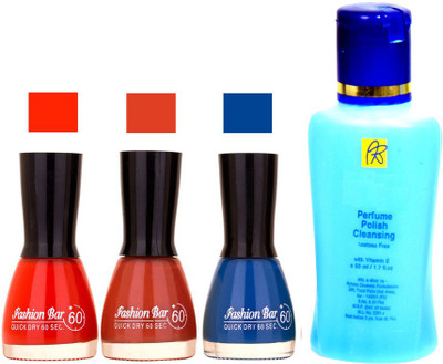 Fashion Bar Stengthening Nail Polish Remover And Red, Redish Browny,Blue Shades Nail Polish 52437(Set of 4)
Fashion Bar Stengthening Nail Polish Remover And Red, Redish Browny,Blue Shades Nail Polish 52437(Set of 4)