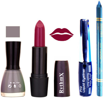 Rythmx Grey Nail Polish Mazanta Mauve Lipstick With Eyeliner and Pro Non Transfer Blue Kajal 580140(Set of 4)
Rythmx Grey Nail Polish Mazanta Mauve Lipstick With Eyeliner and Pro Non Transfer Blue Kajal 580140(Set of 4)