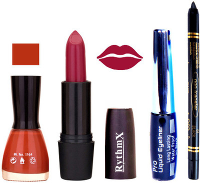 Rythmx Light Brown Nail Polish Mauve Lipstick With Eyeliner and Pro Non Transfer Black Kajal 68101(Set of 4)
Rythmx Light Brown Nail Polish Mauve Lipstick With Eyeliner and Pro Non Transfer Black Kajal 68101(Set of 4)