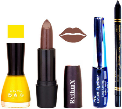 Rythmx Yellow Nail Polish Brown Lipstick With Eyeliner and Pro Non Transfer Black Kajal 68091(Set of 4)
Rythmx Yellow Nail Polish Brown Lipstick With Eyeliner and Pro Non Transfer Black Kajal 68091(Set of 4)