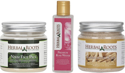Herbal Roots Anti Acne/Pimple Care - Sandalwood Scrub, Neem Face Pack & Rose Water For Face Treatments(Set of 3)