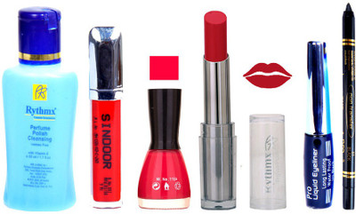 Rythmx Lipstick And Nail Polish + Eyliner + Sindoor + Remover + Kajal Makeup Combo Pack(Set of 6)
Rythmx Lipstick And Nail Polish + Eyliner + Sindoor + Remover + Kajal Makeup Combo Pack(Set of 6)
